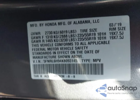 2019 Honda Odyssey Elite из США, поврежденный, VIN 5FNRL6H94KB093145